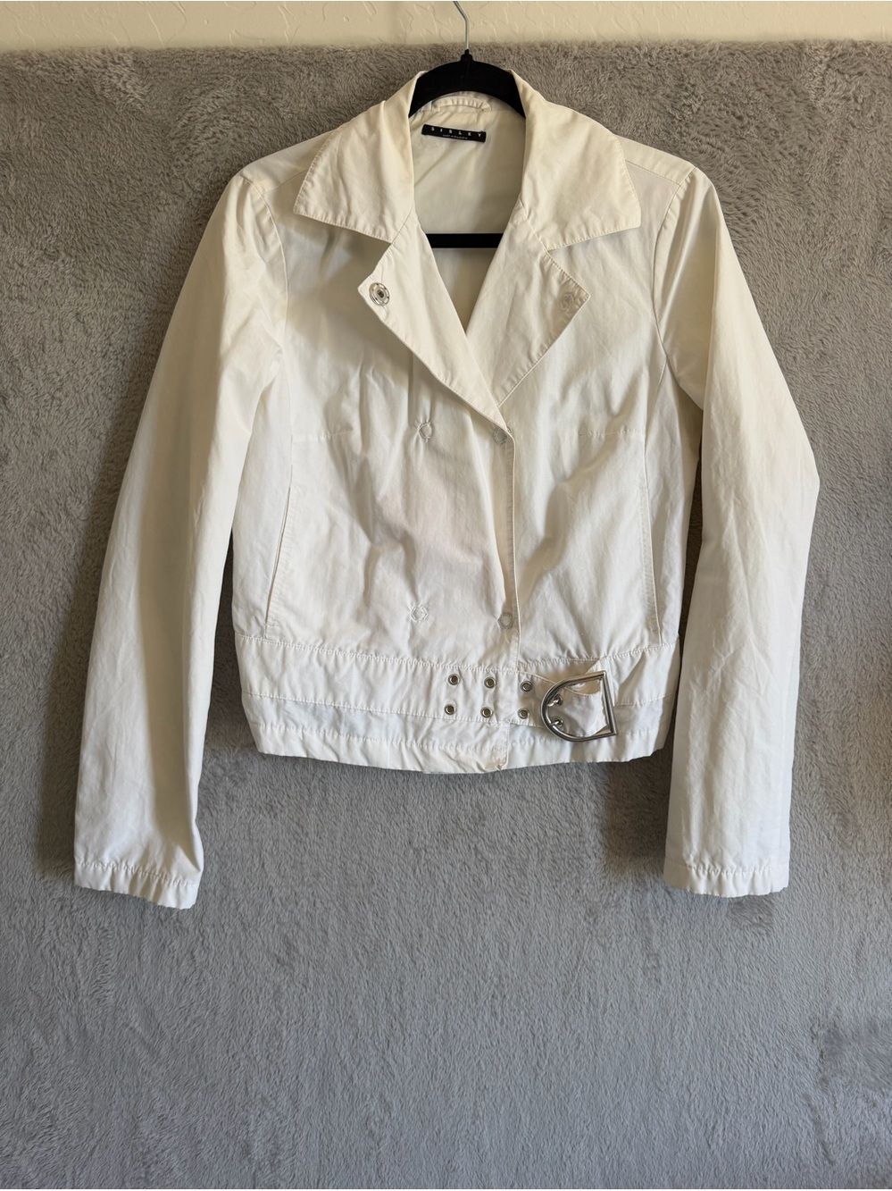 Vintage-style Sisley white cotton asymmetrical moto jacket 42